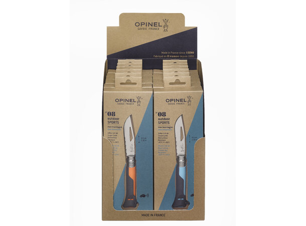 Opinel N°08 Outdoor Knives blue+orange x14 Display - Utstillingsmateriell 