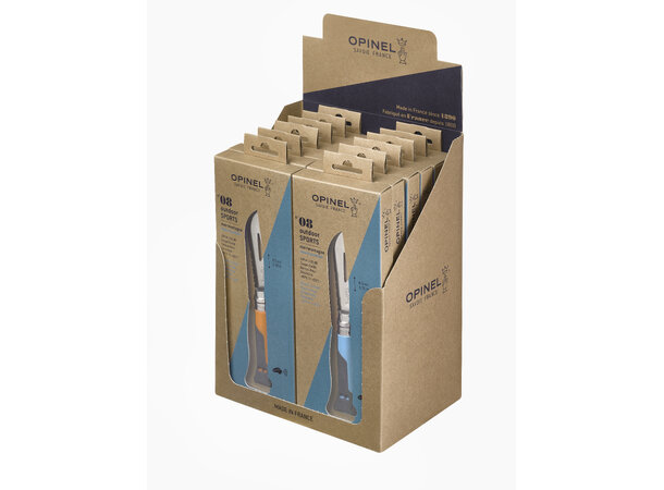 Opinel N°08 Outdoor Knives blue+orange x14 Display - Utstillingsmateriell 